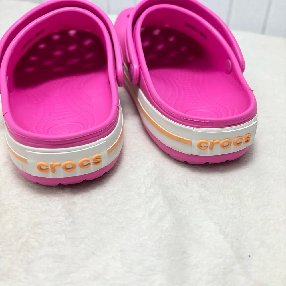 Crocs Crocband Girl's Clogs Bubble‎ Gum Pink With Yellow Stripe Band Size J 6